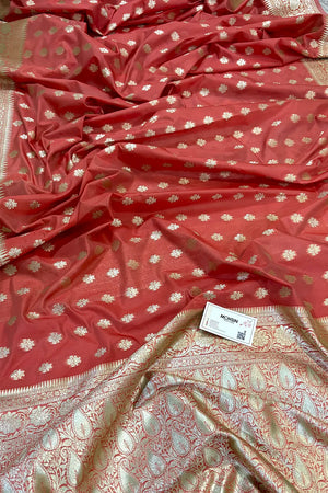 Peach Golden Zari Crepe Silk Banarasi Saree