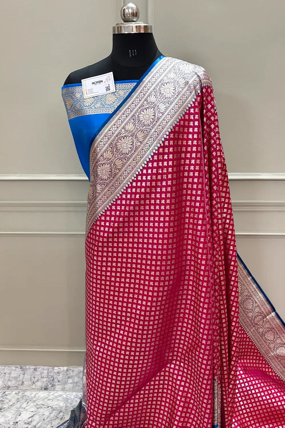 Pink and Blue Chidi Buti Katan Silk Banarasi Saree