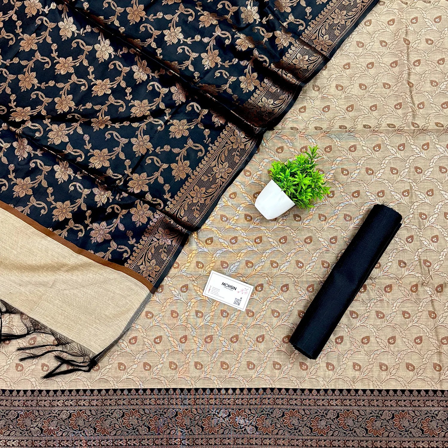 Beige and Black Patti Jaal Banarasi Silk Suit