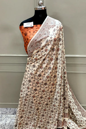 Beige and Orange Resham Silk Banarasi Saree