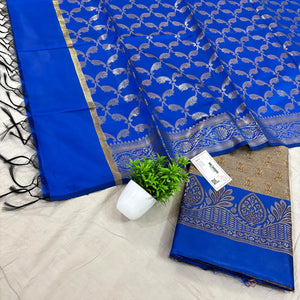 Beige and Royal Blue Badami Buti Banarasi Silk Suit