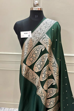 Bottle Green Chitrani Buti Katan Silk Banarasi Saree
