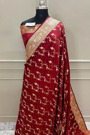Maroon Jhadi Jaal Stone Work Katan Silk Banarasi Saree