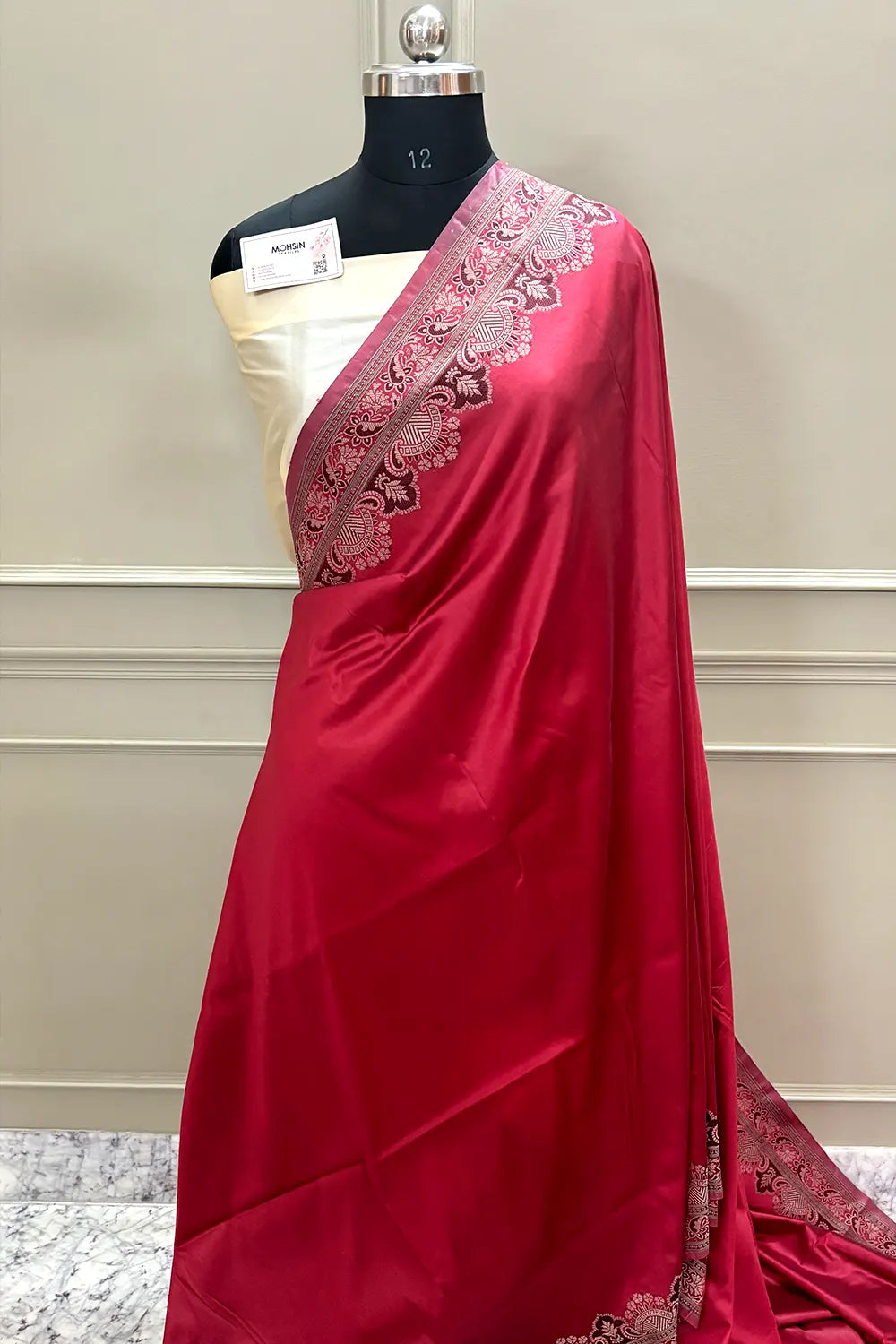 Maroon and Beige Plain Resham Silk Banarasi Saree