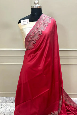 Maroon and Beige Plain Resham Silk Banarasi Saree