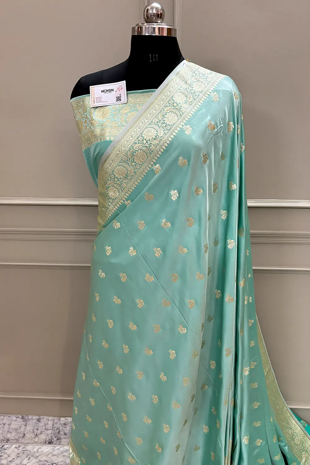 Mint Green Chaman Buti Katan Silk Banarasi Saree