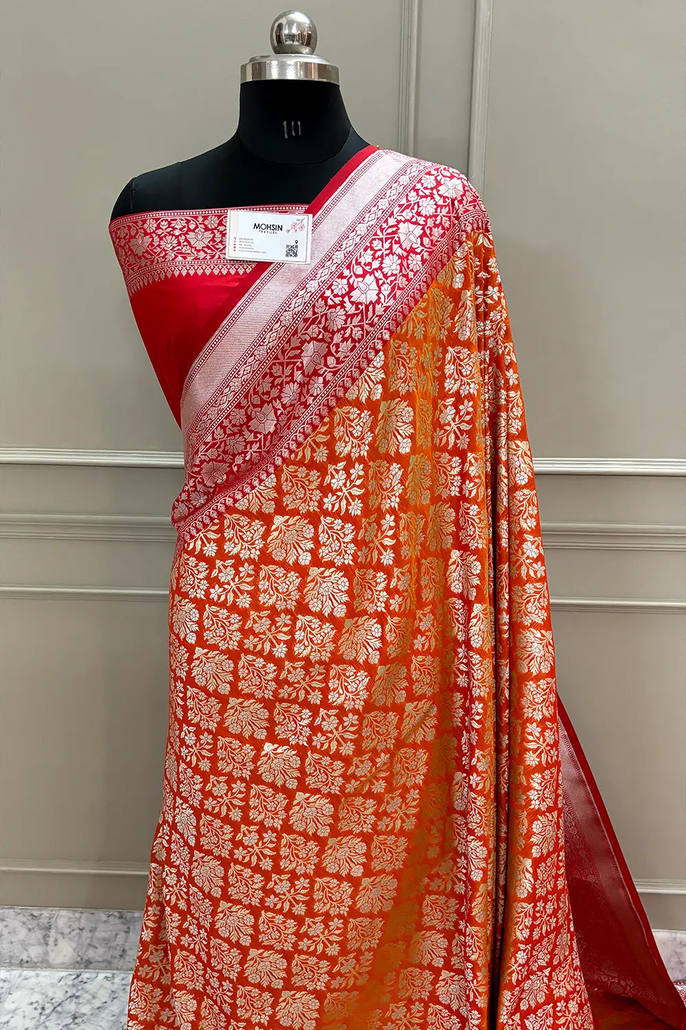 Orange and Red Temple Buta Katan Silk Banarasi Saree