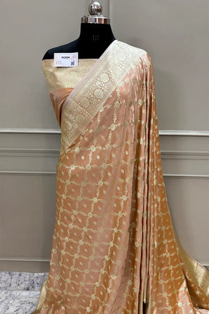 Peach Qaidi Buti Katan Silk Banarasi Saree
