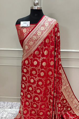 Red Pankhuri Jaal Katan Silk Banarasi Saree