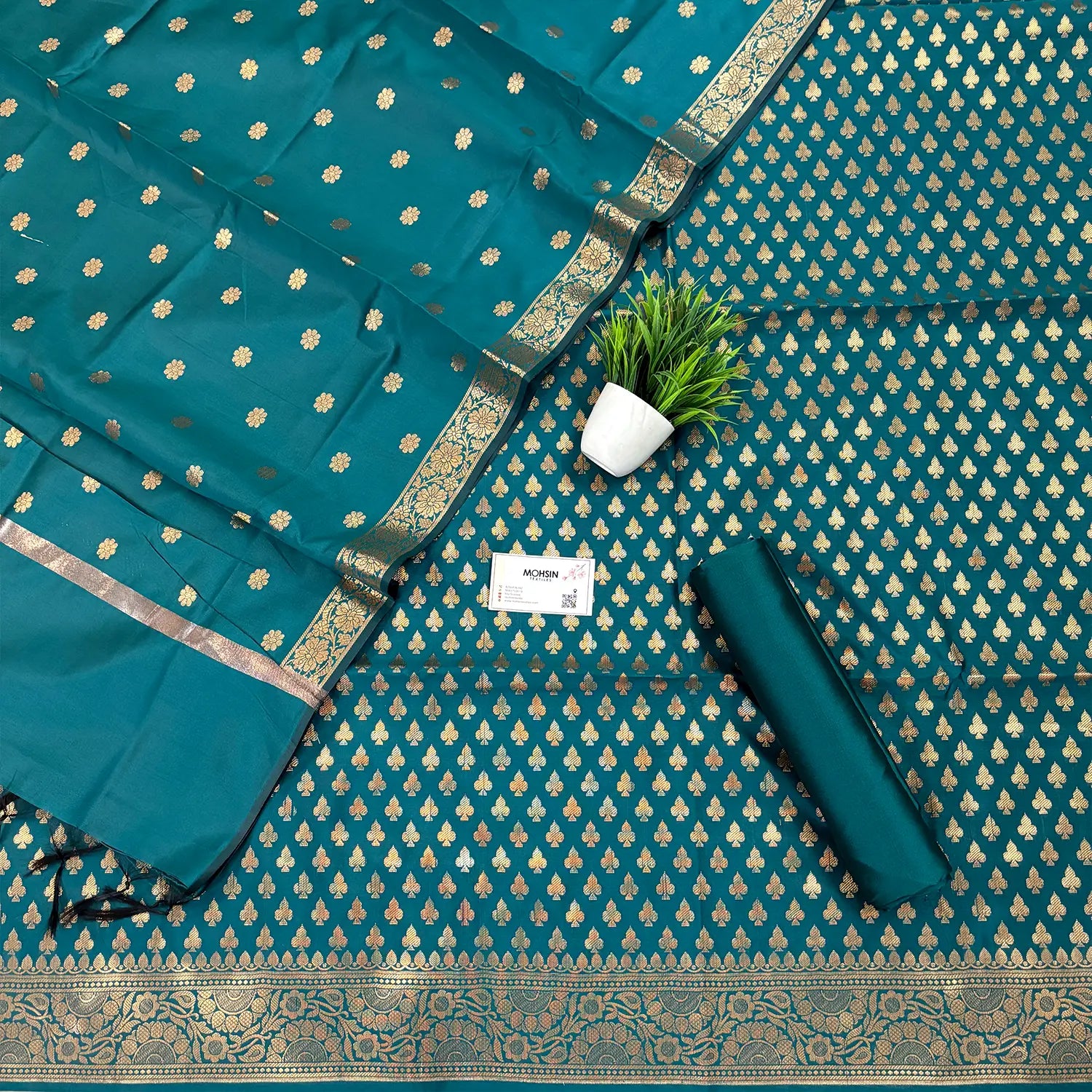 Teal Chidiya Buti Satin Silk Banarasi Suit