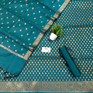 Teal Chidiya Buti Satin Silk Banarasi Suit