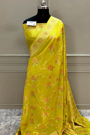 Yellow Rosy Jaal Georgette Silk Banarasi Saree