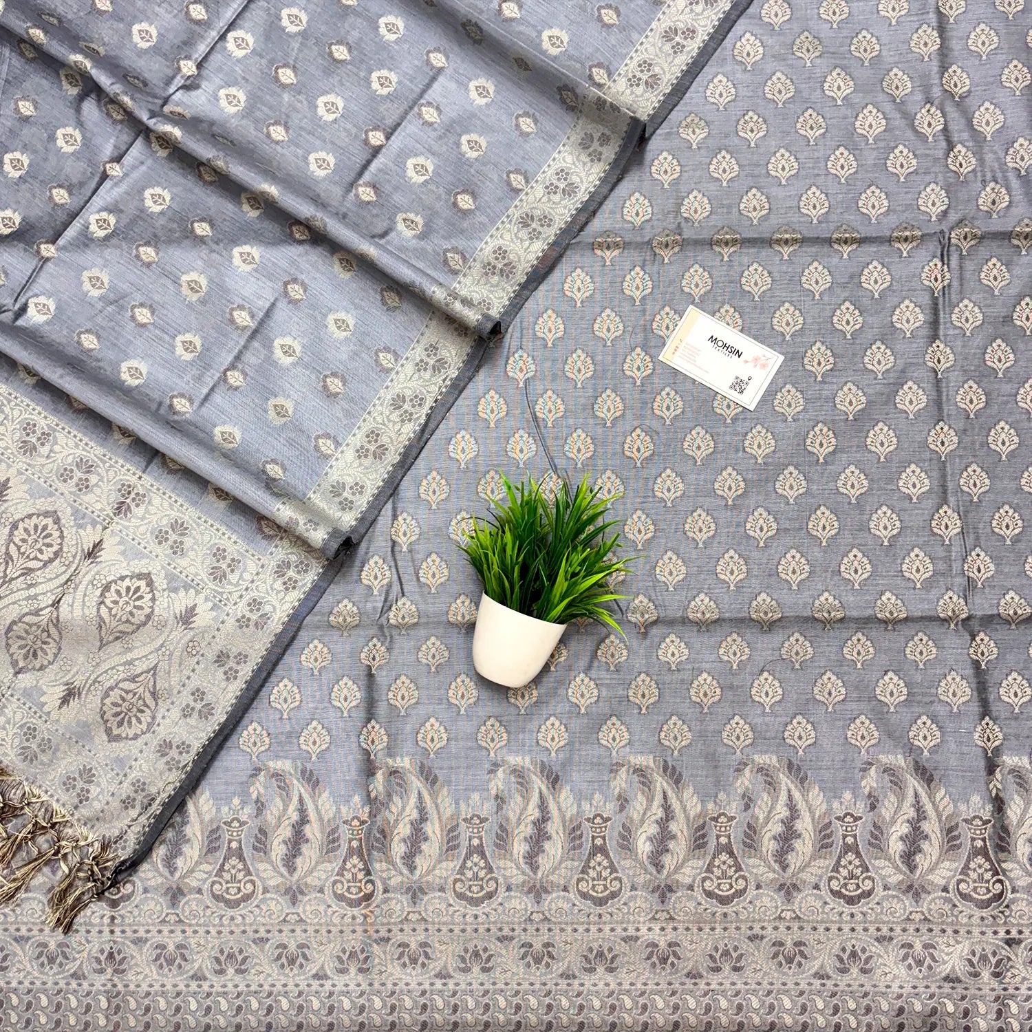 Dark Grey Surahi Tree Cotton Silk Banarasi Suit