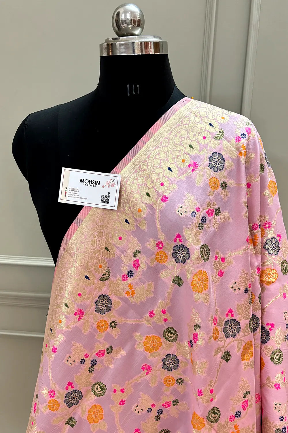Baby Pink Golden Zari Katan Silk Banarasi Dupatta