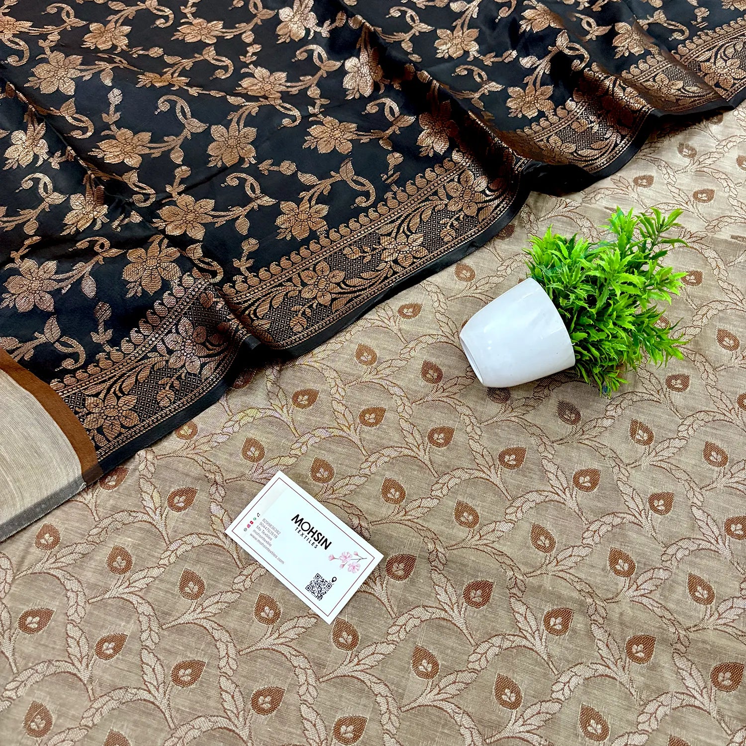 Beige and Black Patti Jaal Banarasi Silk Suit