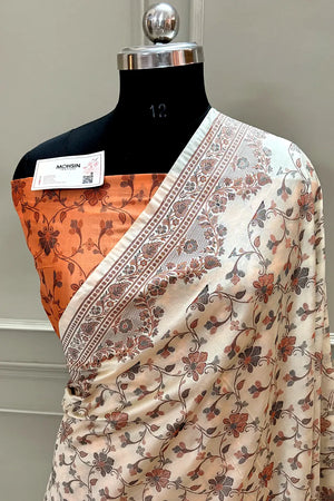 Beige and Orange Resham Silk Banarasi Saree