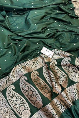 Bottle Green Chitrani Buti Katan Silk Banarasi Saree