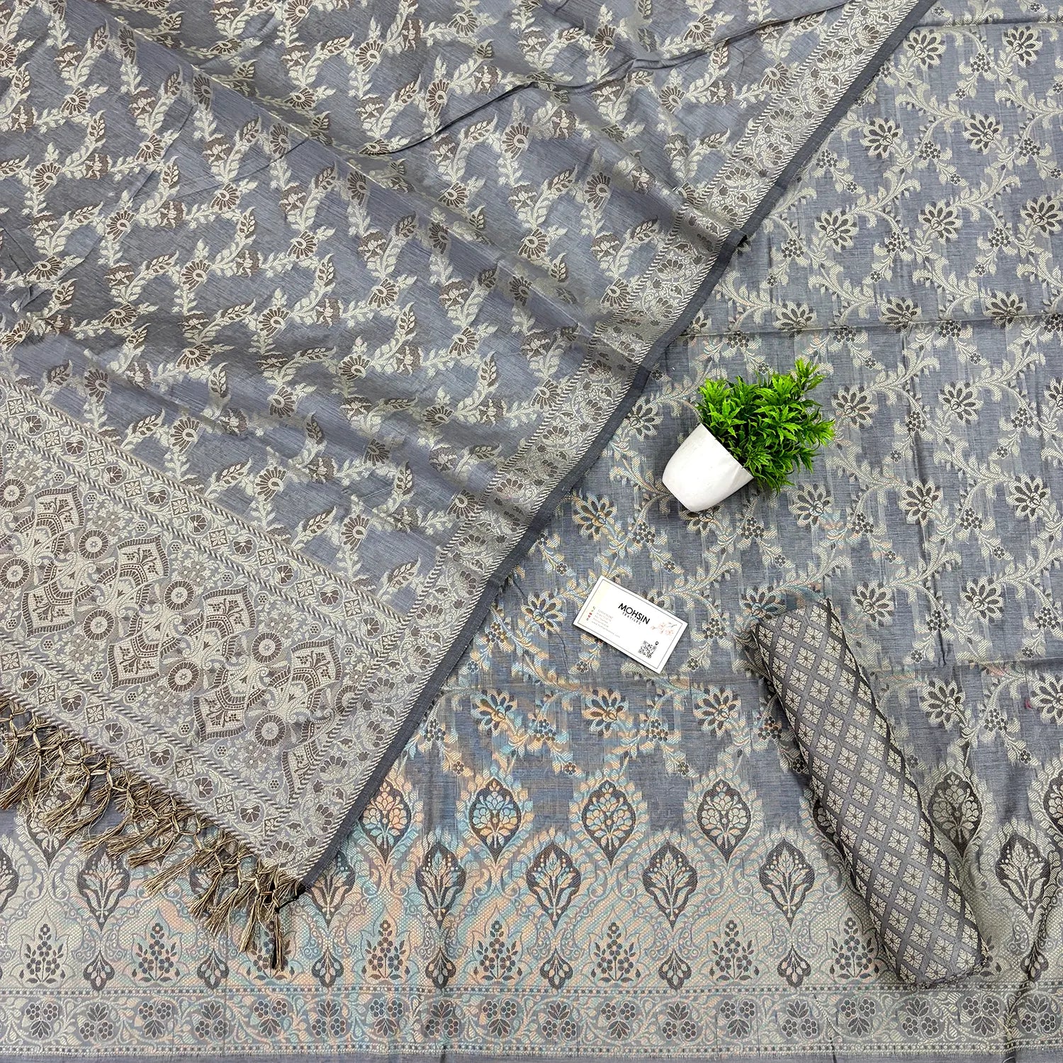 Grey Mogambo Jaal Cotton Silk Banarasi Suit