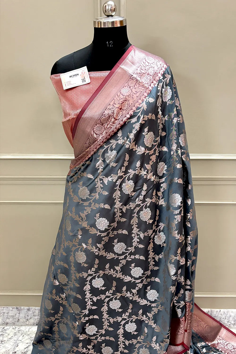 Grey and Red Golden Zari Banarasi Silk Saree