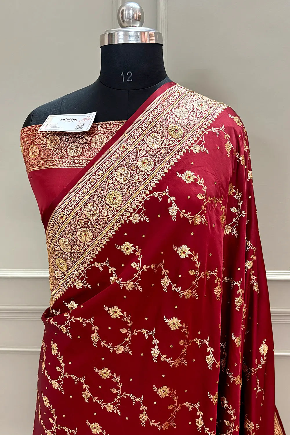 Maroon Jhadi Jaal Stone Work Katan Silk Banarasi Saree