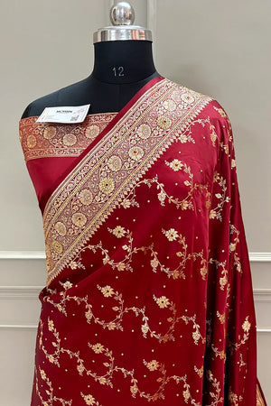 Maroon Jhadi Jaal Stone Work Katan Silk Banarasi Saree