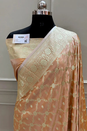 Peach Qaidi Buti Katan Silk Banarasi Saree