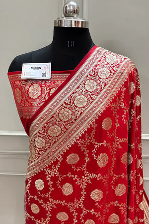 Red Pankhuri Jaal Katan Silk Banarasi Saree
