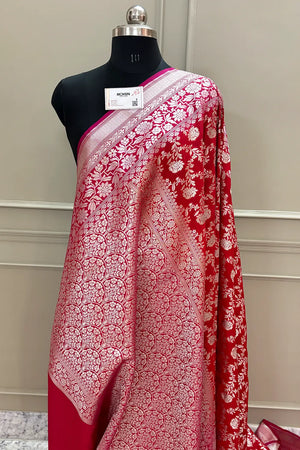 Red and Pink Maharani Jaal Crepe Silk Banarasi Saree