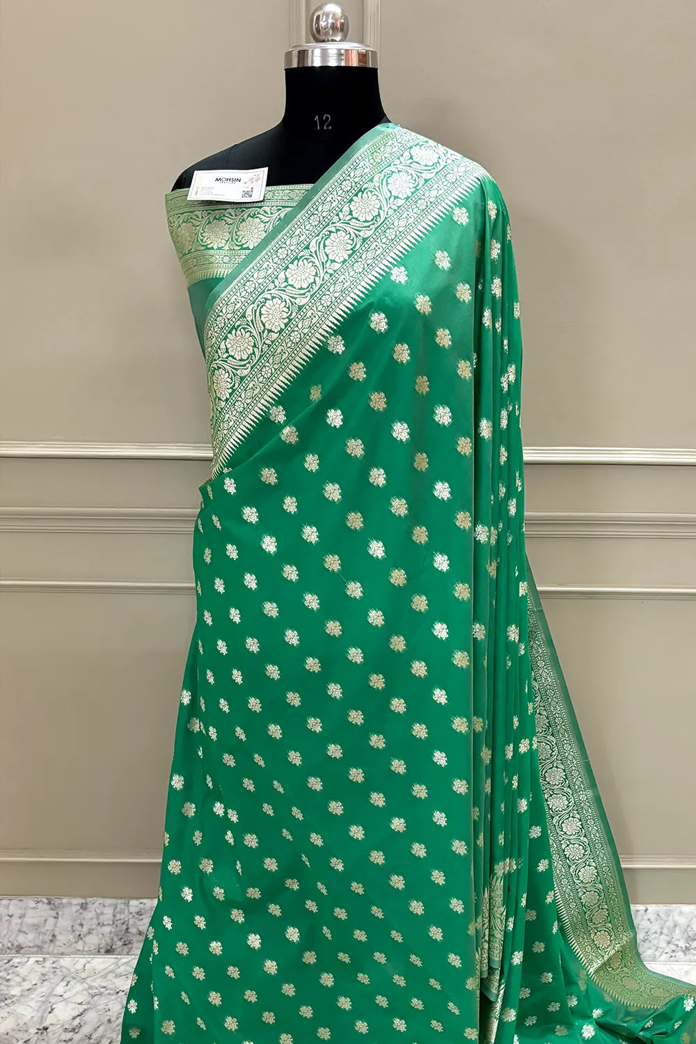 Sea Green Golden Zari Crepe Silk Banarasi Saree