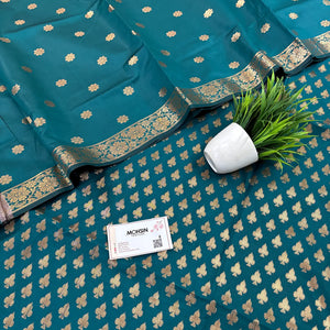 Teal Chidiya Buti Satin Silk Banarasi Suit