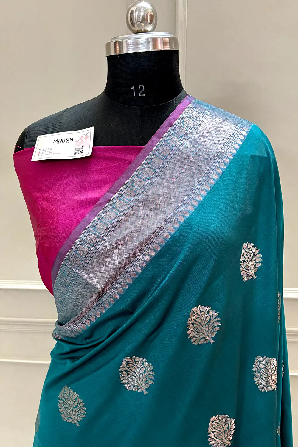 Teal and Pink Golden Zari Banarasi Silk Saree