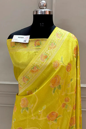 Yellow Rosy Jaal Georgette Silk Banarasi Saree