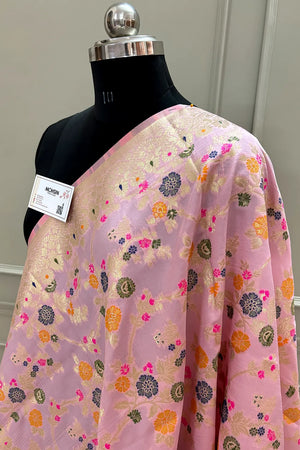 Baby Pink Golden Zari Katan Silk Banarasi Dupatta