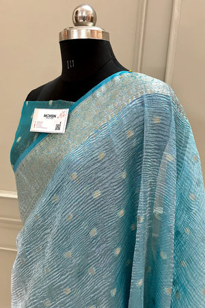 Firozi Dollar Buti Crush Tissue Silk Banarasi Saree