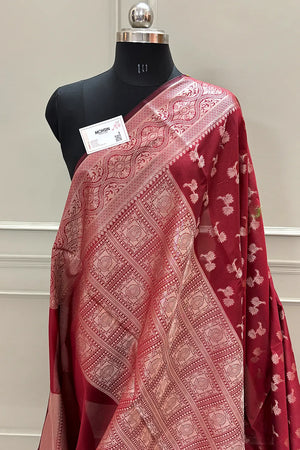 Maroon Daab Buti Chanderi Silk Banarasi Saree