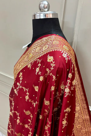 Maroon Jhadi Jaal Stone Work Katan Silk Banarasi Saree