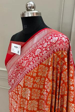 Orange and Red Temple Buta Katan Silk Banarasi Saree