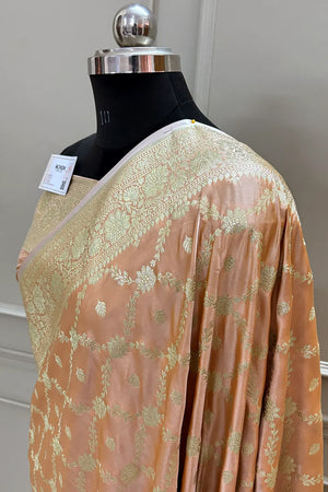 Peach Qaidi Buti Katan Silk Banarasi Saree