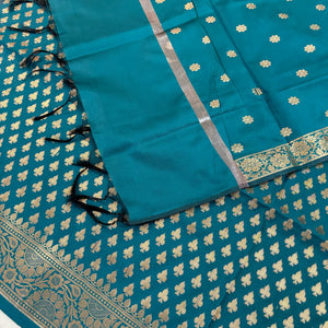Teal Chidiya Buti Satin Silk Banarasi Suit
