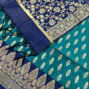 Teal and Navy Blue Parvat Buti Satin Silk Banarasi Suit