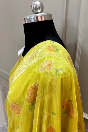 Yellow Rosy Jaal Georgette Silk Banarasi Saree