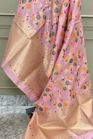 Baby Pink Golden Zari Katan Silk Banarasi Dupatta