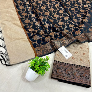Beige and Black Patti Jaal Banarasi Silk Suit