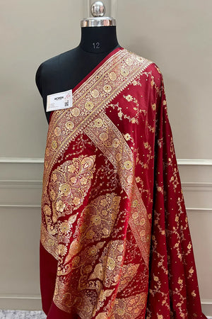 Maroon Jhadi Jaal Stone Work Katan Silk Banarasi Saree