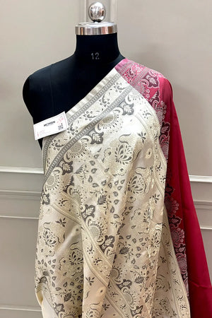 Maroon and Beige Plain Resham Silk Banarasi Saree