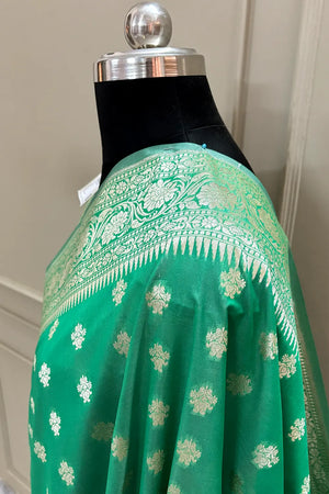 Sea Green Golden Zari Crepe Silk Banarasi Saree
