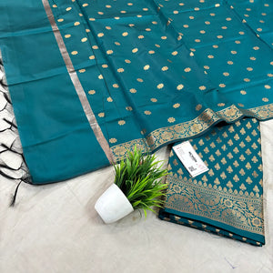 Teal Chidiya Buti Satin Silk Banarasi Suit