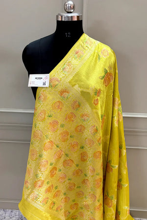 Yellow Rosy Jaal Georgette Silk Banarasi Saree