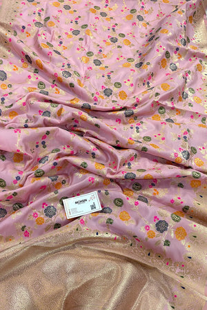 Baby Pink Golden Zari Katan Silk Banarasi Dupatta