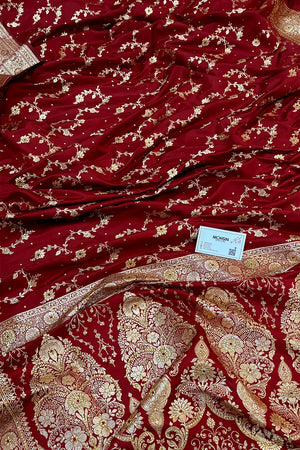 Maroon Jhadi Jaal Stone Work Katan Silk Banarasi Saree